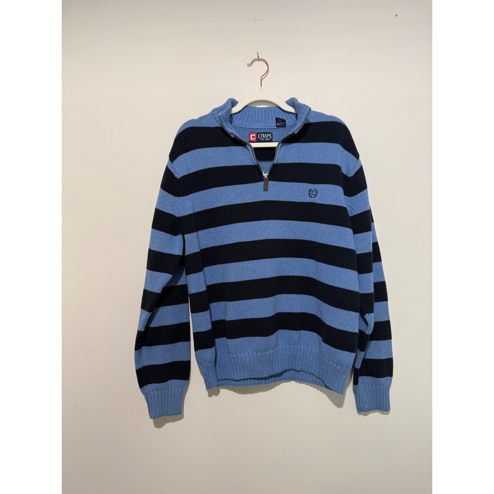 Chaps Mens XL Blue Navy Striped Quarter Zip Cotton Knit Pullover Sweater